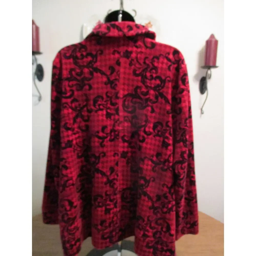 CATHERINES RED BLACK VELOUR ZIP UP FLEECE JACKET SIZE 1X